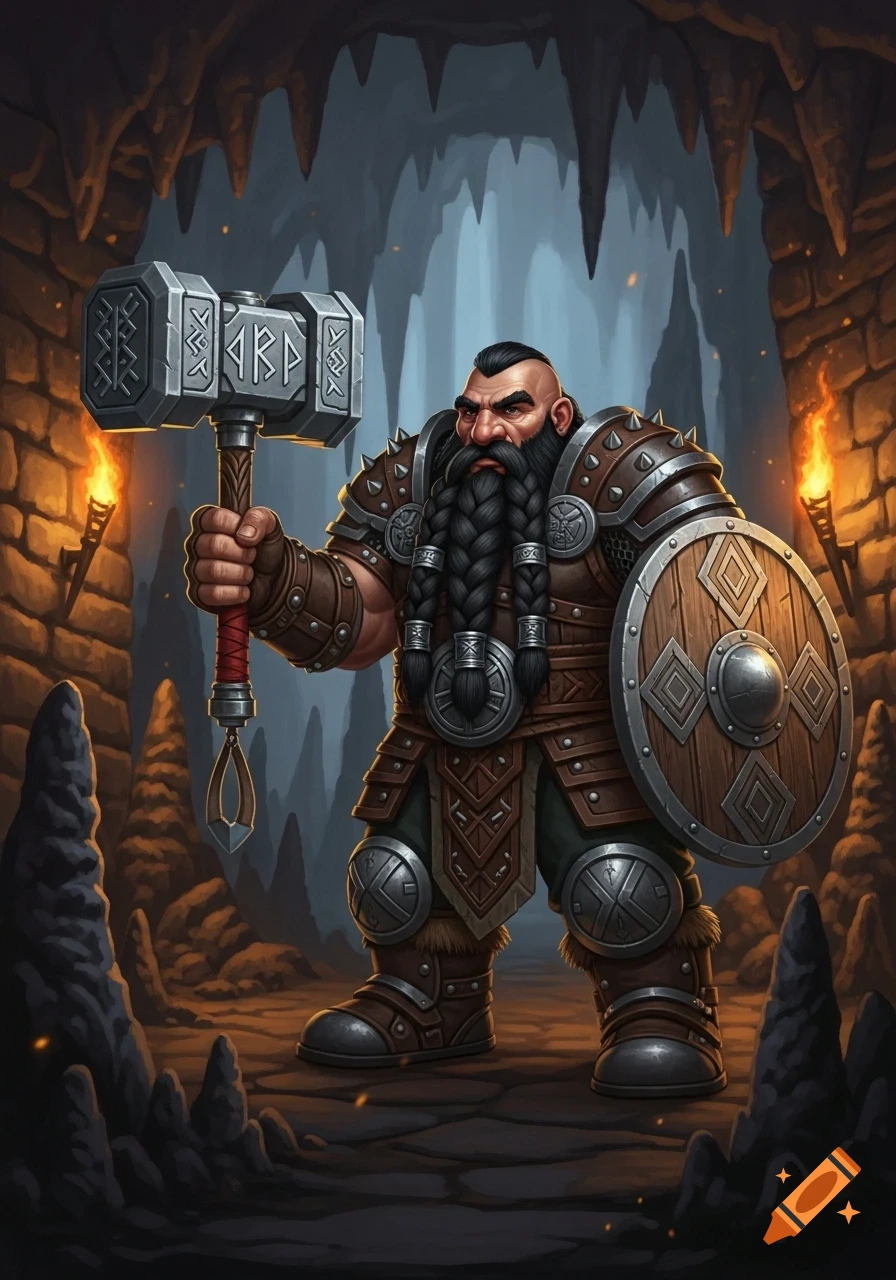 A heavily armored dwarf warrior with a braided black beard stands in a torchlit cave, holding a large war hammer and a wooden shield.