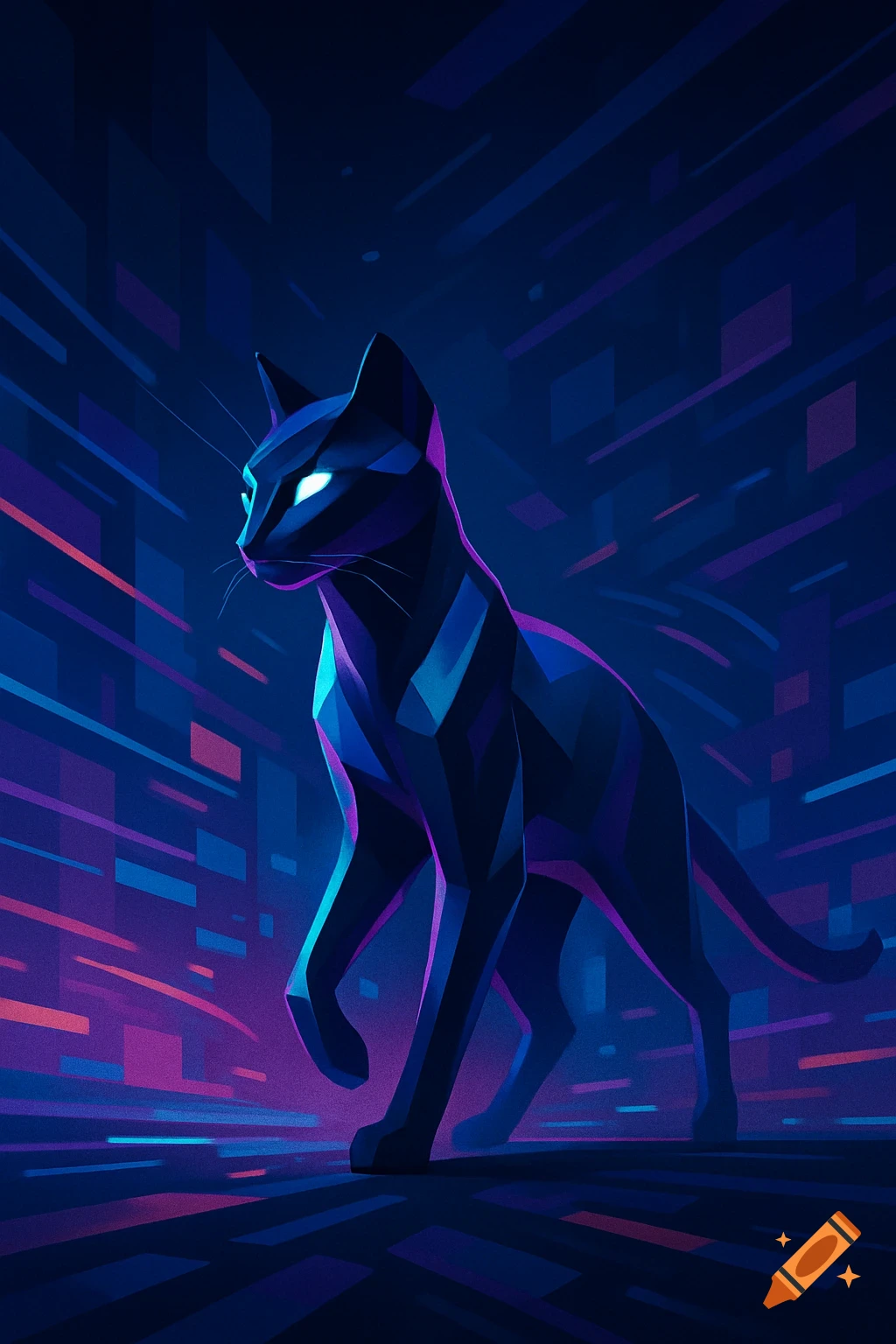 A stylized black cat with glowing eyes, made of geometric shapes, walks through a dark cyberpunk environment with neon blue and purple lights.