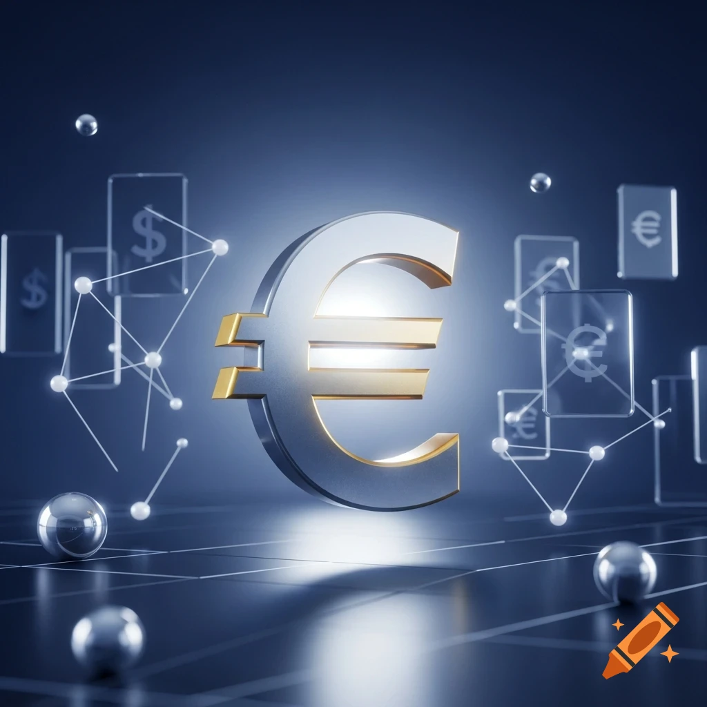 A large, metallic Euro sign with gold accents against a dark, glowing background with abstract financial network elements and currency symbols.