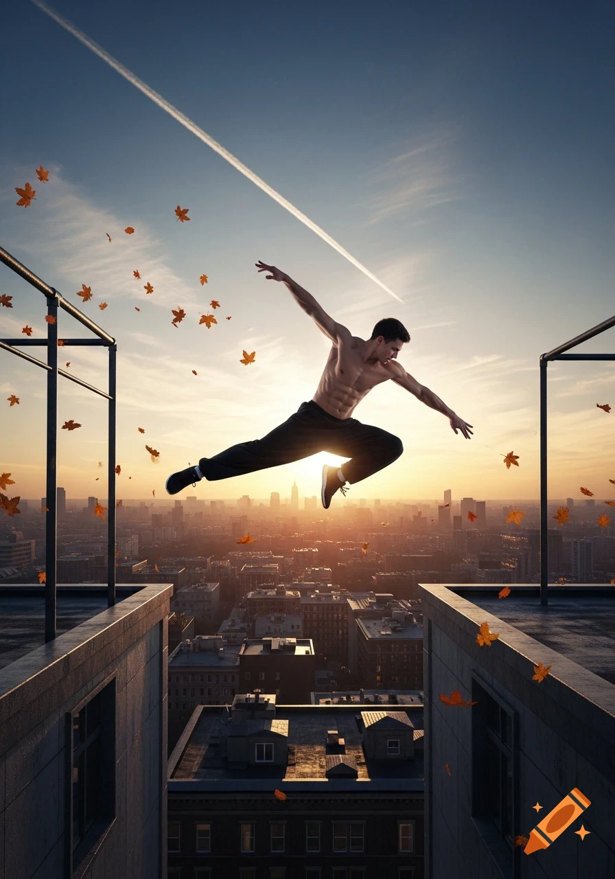 A shirtless muscular man leaps between two city rooftops at sunset, with autumn leaves falling around him.