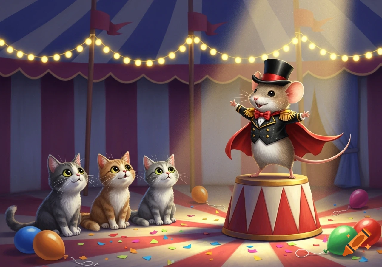 A cartoon mouse dressed as a ringmaster stands on a circus pedestal, gesturing to three adorable cats sitting on the floor under string lights and confetti in a circus tent.