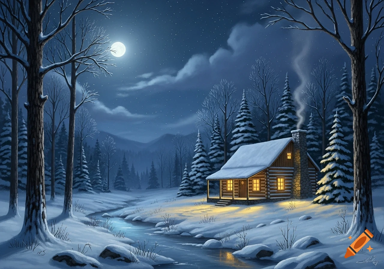 A cozy log cabin in a snowy winter forest at night, illuminated by moonlight and warm window lights, with a stream flowing nearby.