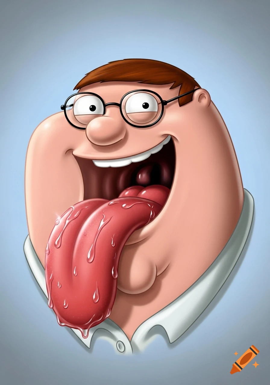 Cartoon headshot of Peter Griffin from Family Guy with a huge, glossy, drooling tongue sticking out of his mouth.