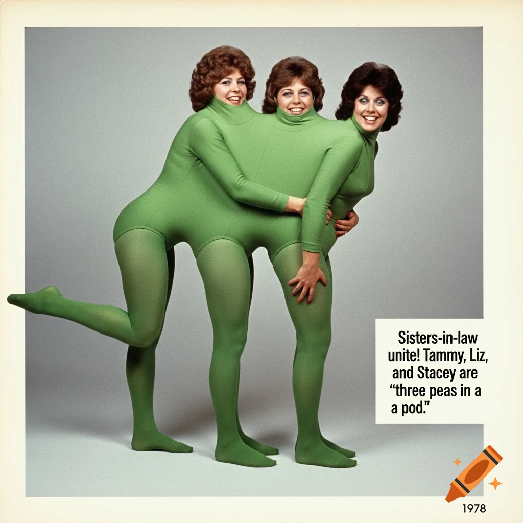Three smiling women with retro hairstyles are merged into one green leotard and tights, creating a 'three peas in a pod' optical illusion, in a 1978 vintage photo style.