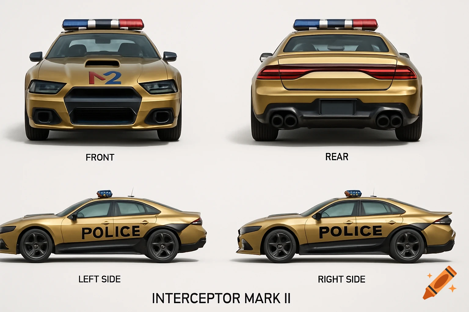 Four views of a gold Interceptor Mark II police car with black accents and a roof-mounted light bar, labeled Front, Rear, Left Side, and Right Side.