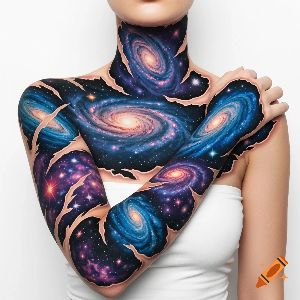A woman's arm and neck are covered in a photorealistic cosmic tattoo, featuring intricate galaxies and stars appearing through ripped skin.