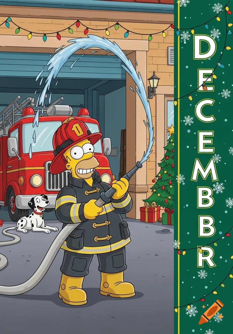 Cartoon Homer Simpson-like firefighter spraying water, with a dalmatian, fire truck, Christmas tree, and 'DECEMBER' text.