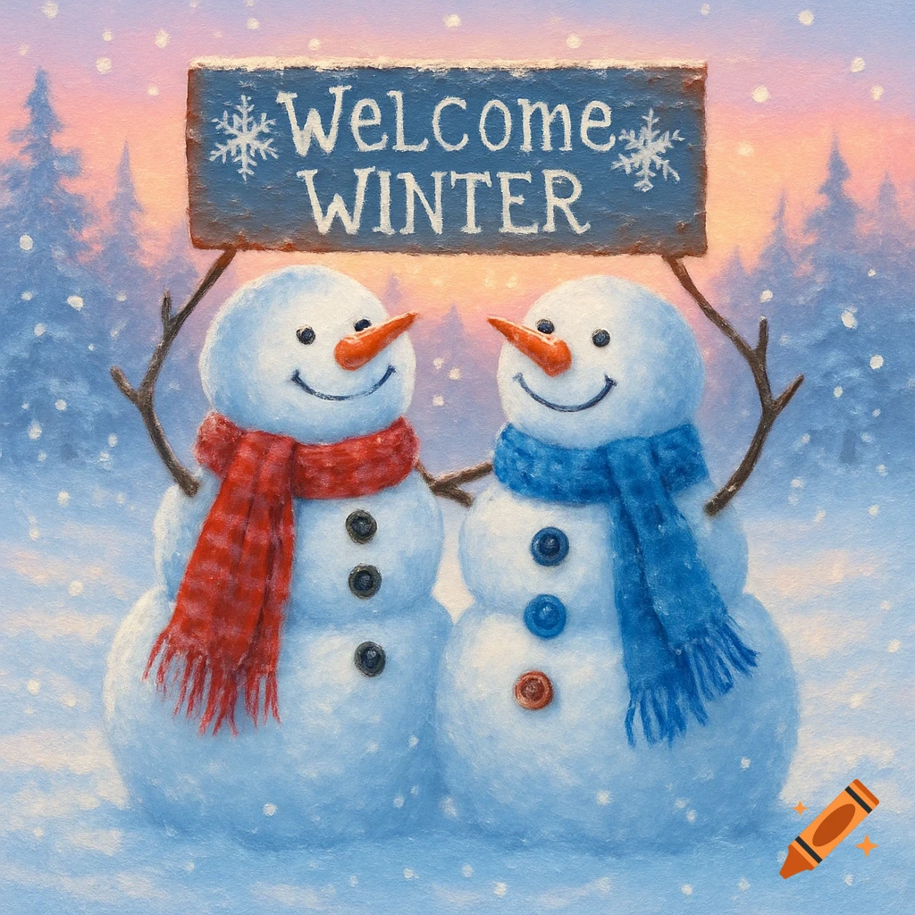Two cheerful snowmen in a snowy landscape with falling snow, holding a sign that reads 'Welcome Winter' in a painterly style.