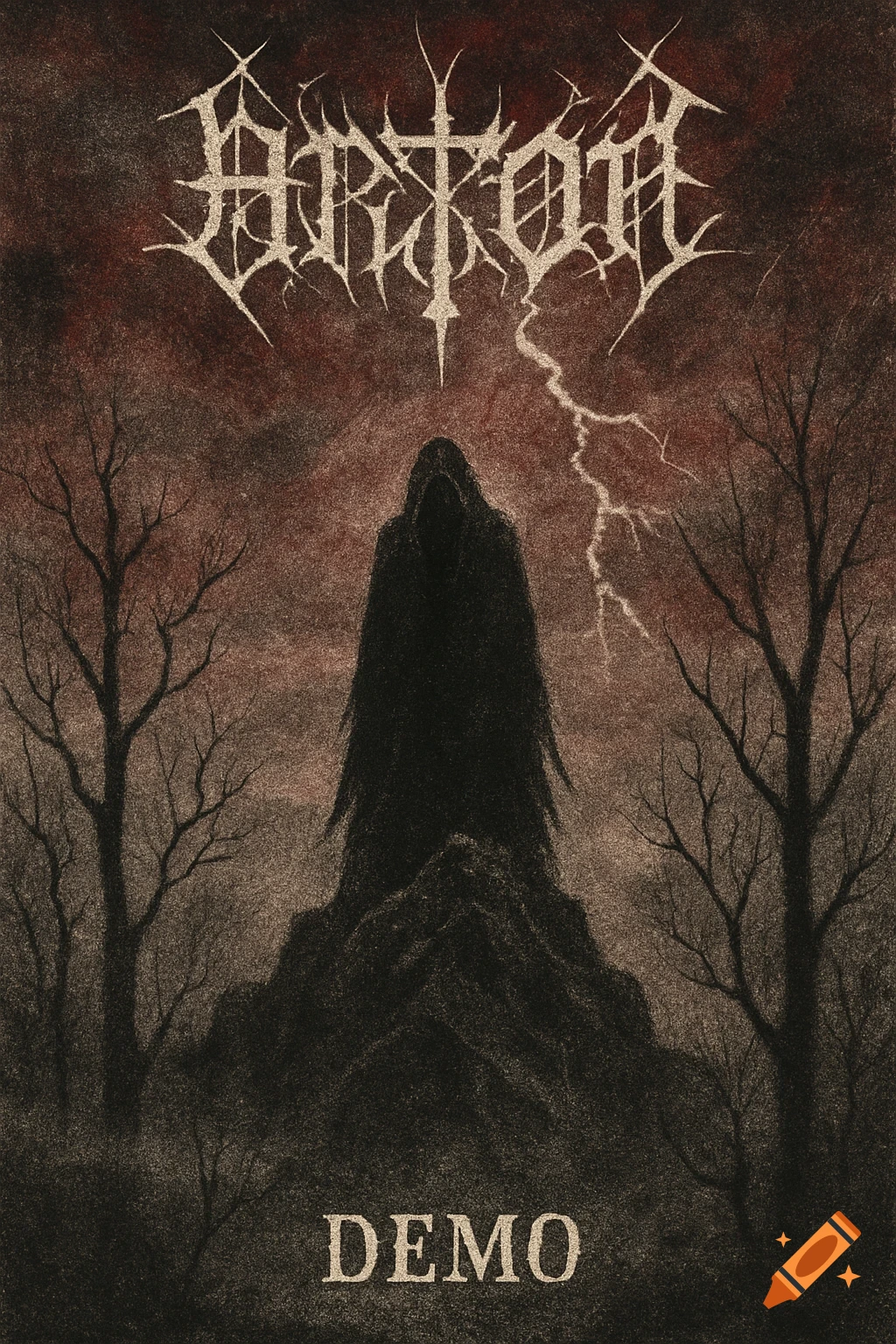 A dark, cloaked figure stands on a mound with bare trees and a stormy red sky with lightning, in a grainy black metal album art style. Text reads "DEMO" at the bottom.
