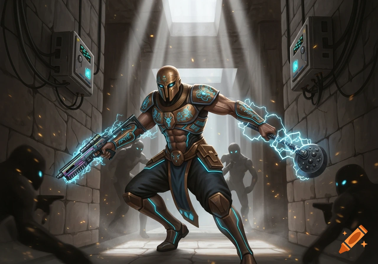A sci-fi warrior in bronze armor with glowing teal accents wields an electrified SMG and weapon in a stone corridor, facing shadowy foes.