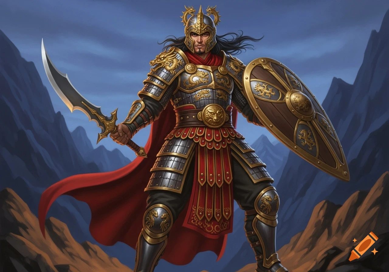 A male DND fighter in ornate Chinese-Roman inspired armor holds a curved sword and a shield, standing against a mountainous background.