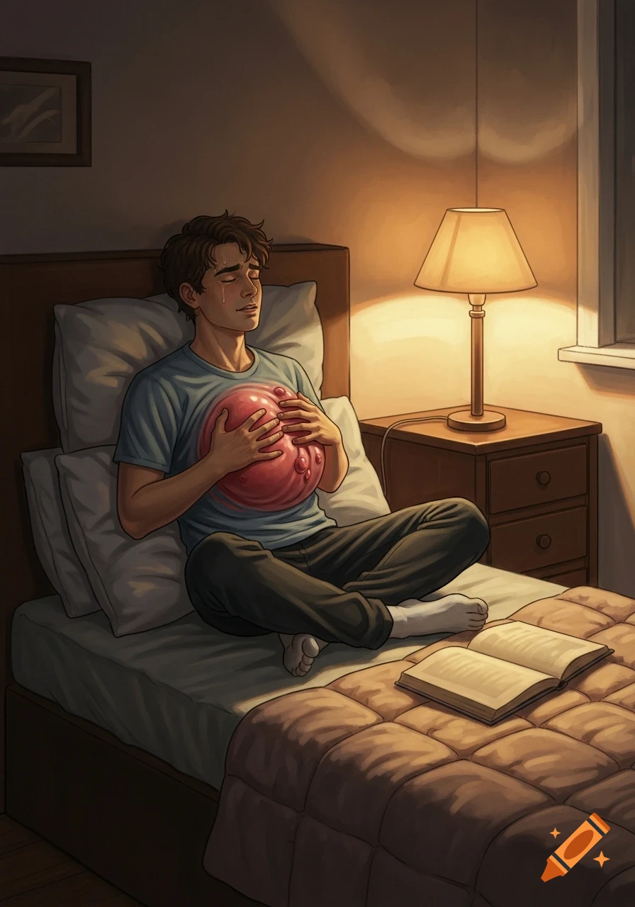 An illustration of a young man sitting cross-legged on his bed, crying while holding a large, red, swollen heart-like mass on his chest. A lamp illuminates the room at night.