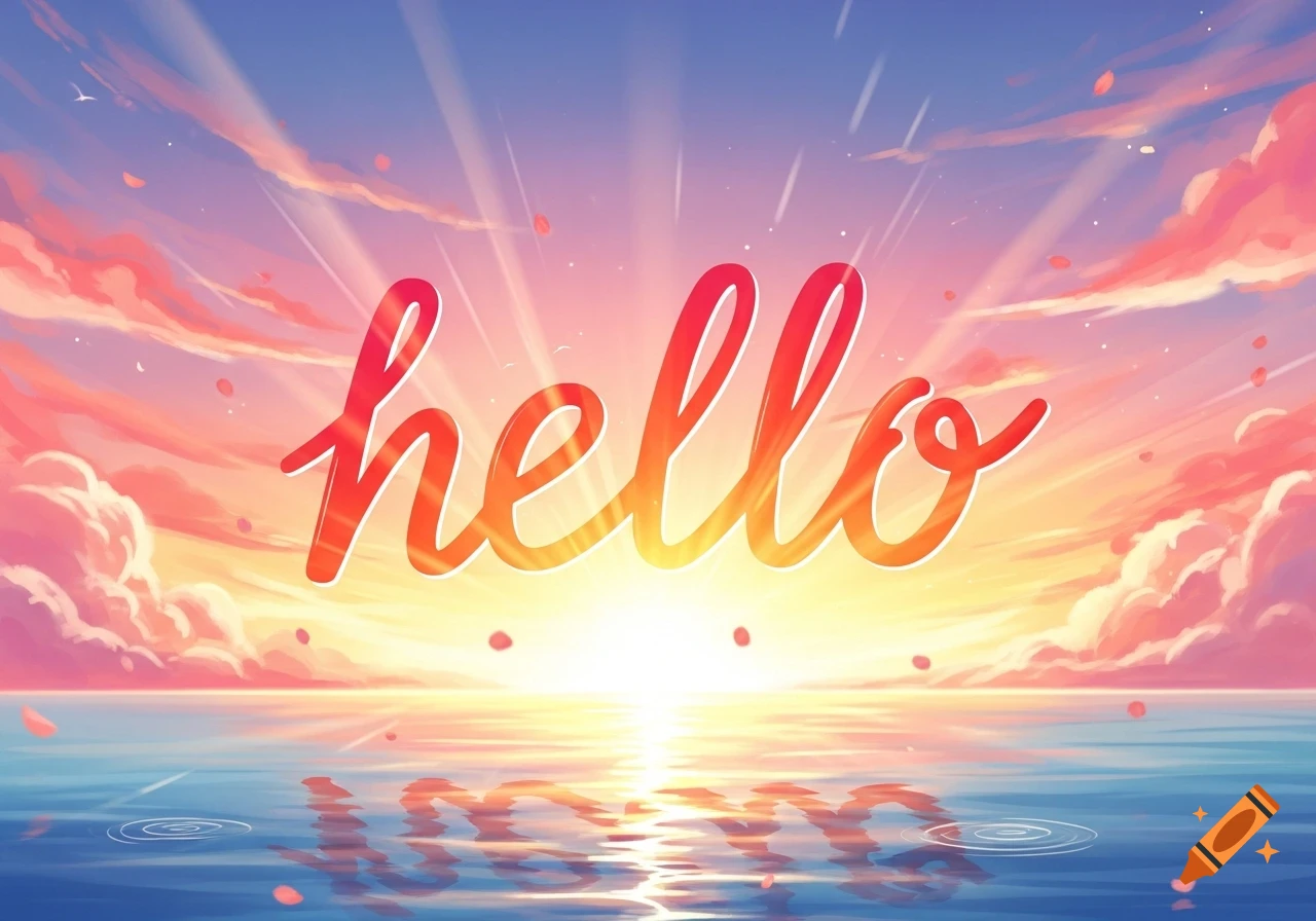 The stylized word 'hello' in red-orange gradient over a vibrant sunset sky and reflective water.