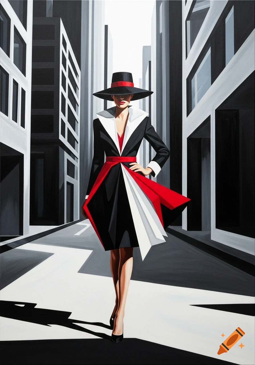 Elegant woman in a black, white, and red outfit with a wide hat walking in a geometric city street, graphic art style.