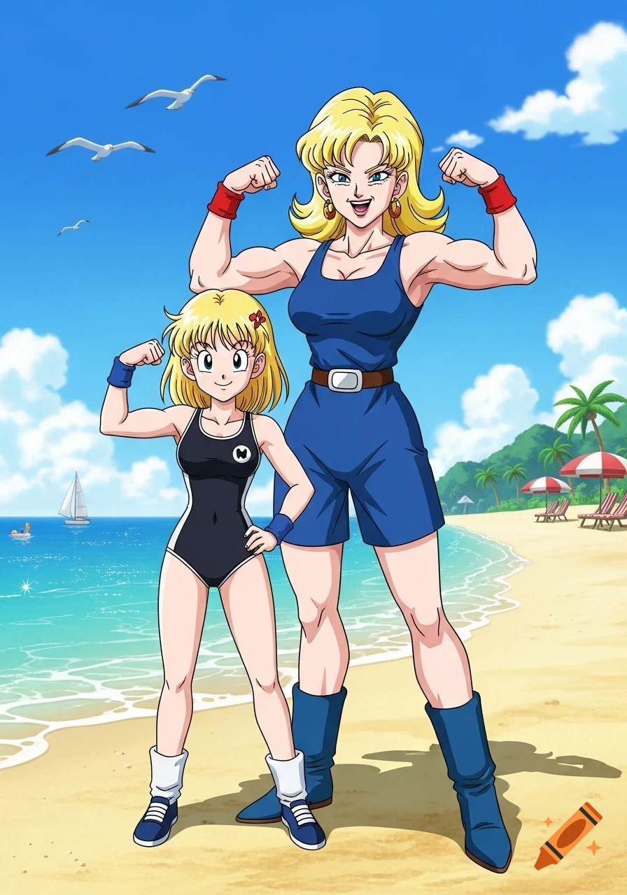 Bulma's mom and her daughter, both blonde and muscular, flexing at a sunny anime beach.