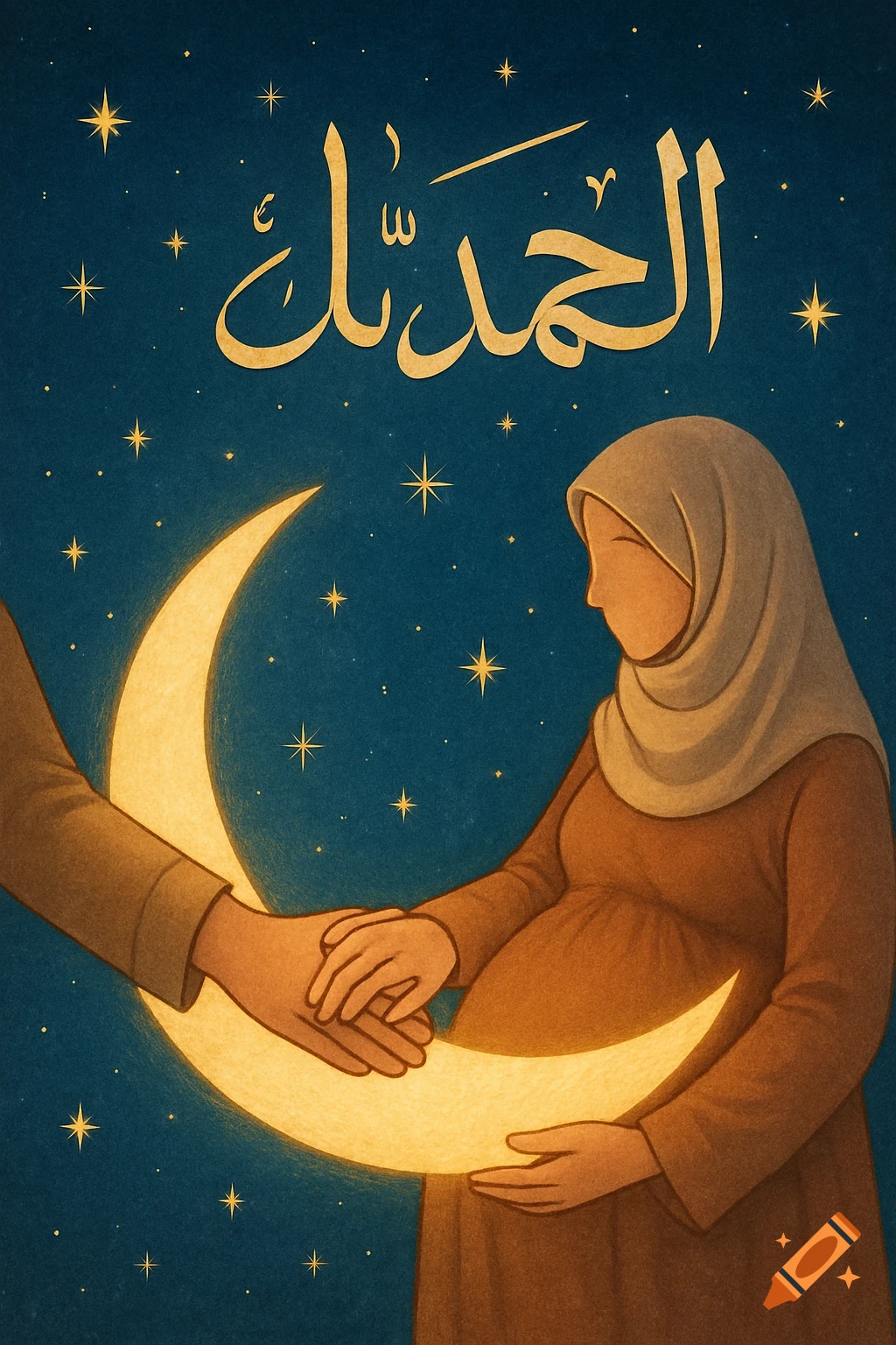 An illustration of a man's hand holding a pregnant woman's hands over a crescent moon, with stars and Arabic calligraphy 'Alhamdulillah'.