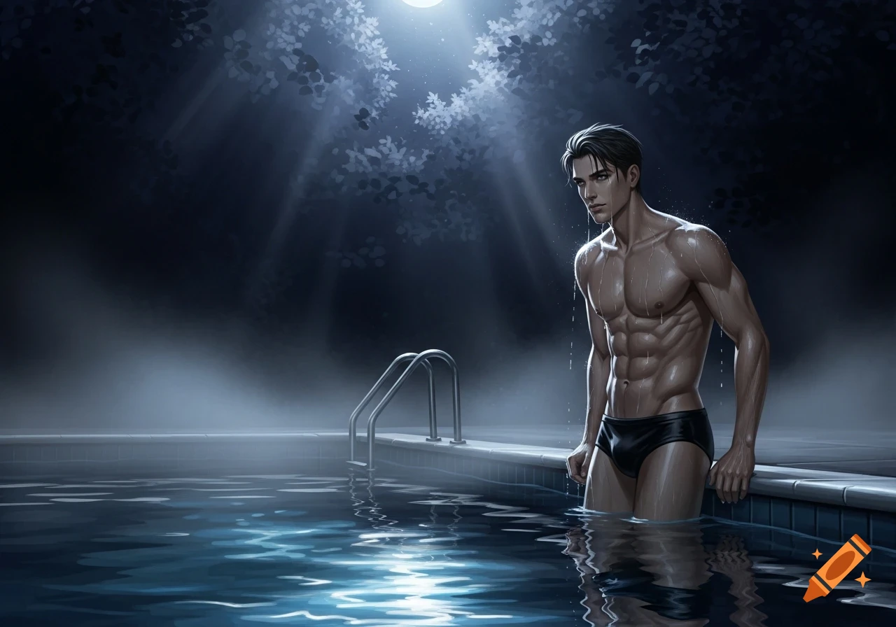 Anime-style man with wet, muscular torso in black swim briefs standing in a pool at night under moonlight.
