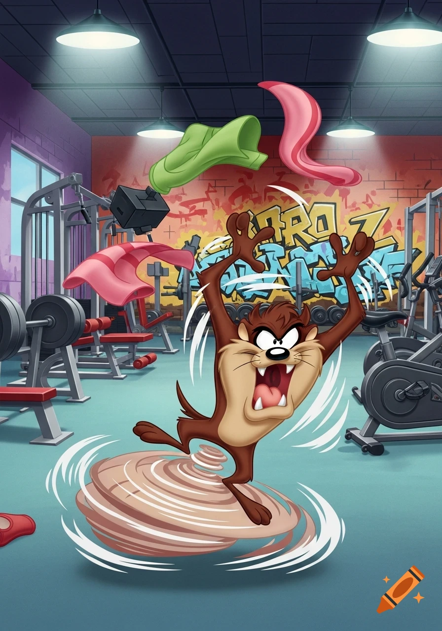 The Tasmanian Devil spins wildly in a gym, causing clothing to fly, in a vibrant cartoon style.