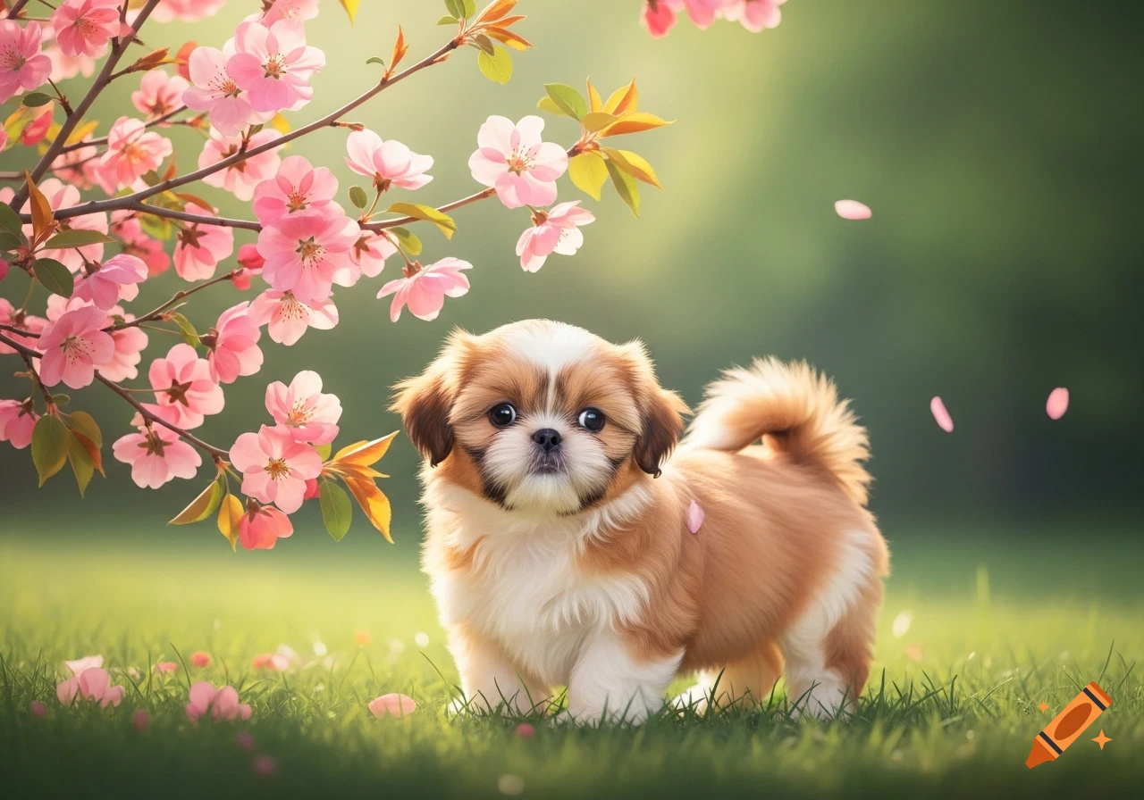 A cute fluffy brown and white puppy stands in green grass under vibrant pink cherry blossoms in a spring garden.