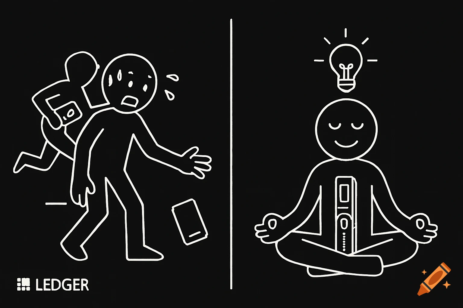 Minimalist black and white line art illustrating a split scene: a stressed person after phone theft and a calm person with a Ledger device.
