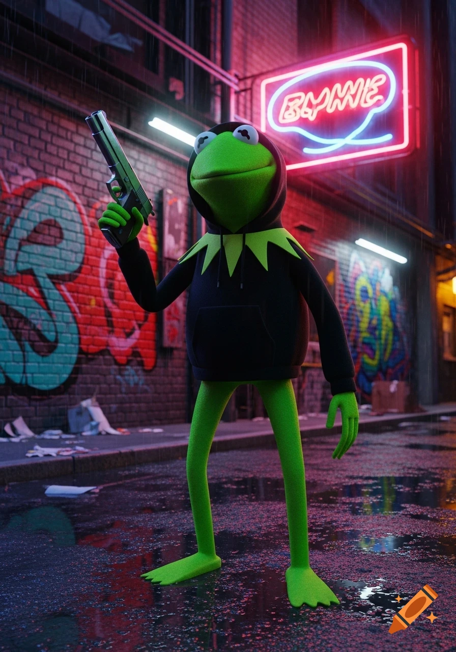 3D render of Kermit the Frog in a black hoodie holding a pistol in a neon-lit, rainy urban alley with graffiti.