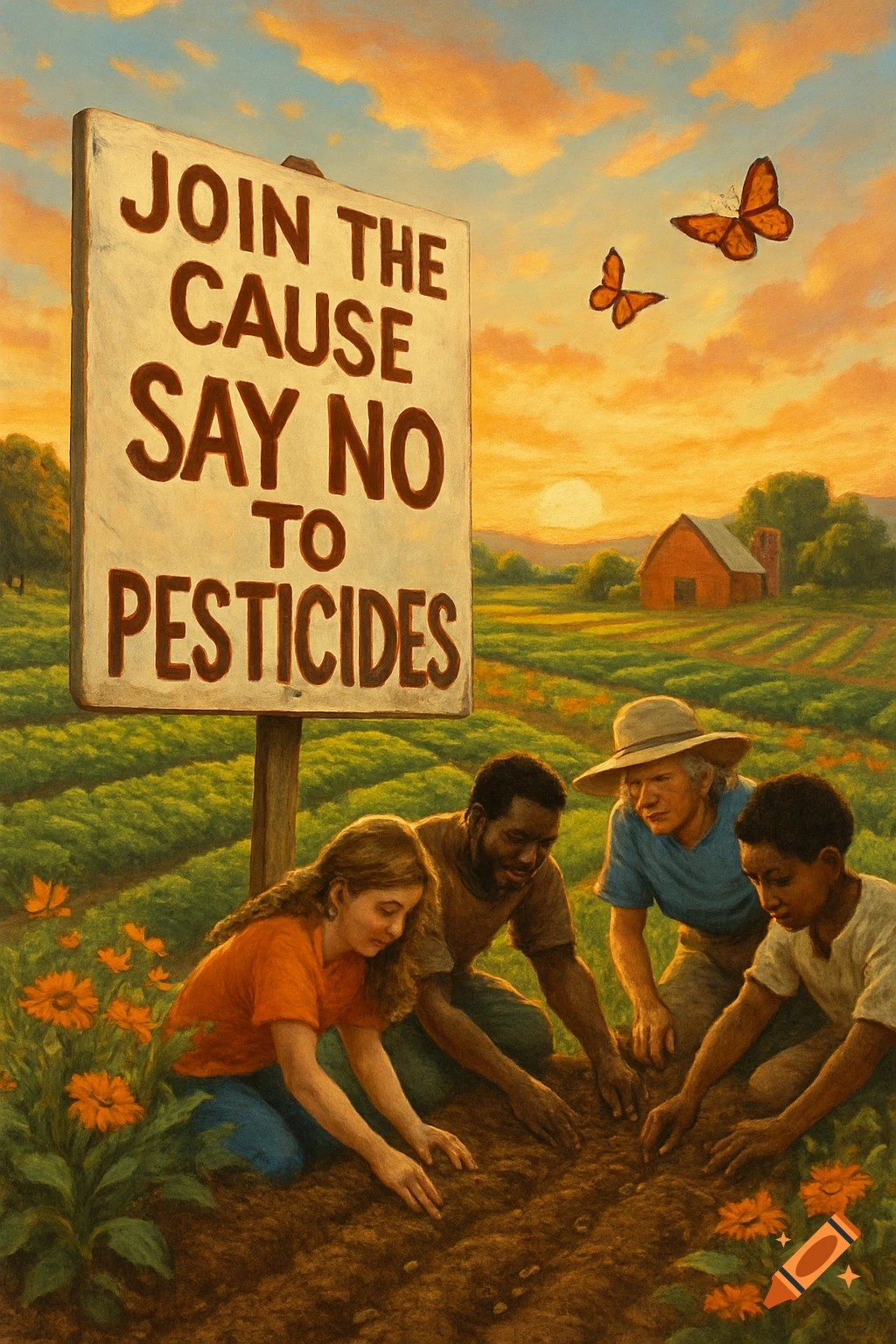 A painterly image of people planting in a field under a sunset sky, with a sign reading 'JOIN THE CAUSE SAY NO TO PESTICIDES'.