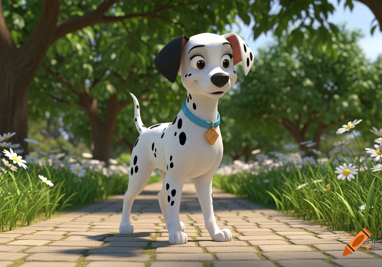 A 3D rendered cartoon Dalmatian puppy with a blue collar stands on a brick path in a sunny park with daisies.
