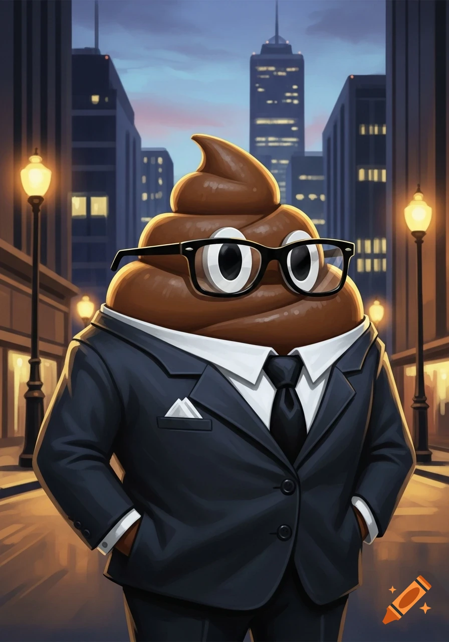 A cartoon poop emoji wearing a black suit and glasses stands in a city street at dusk.