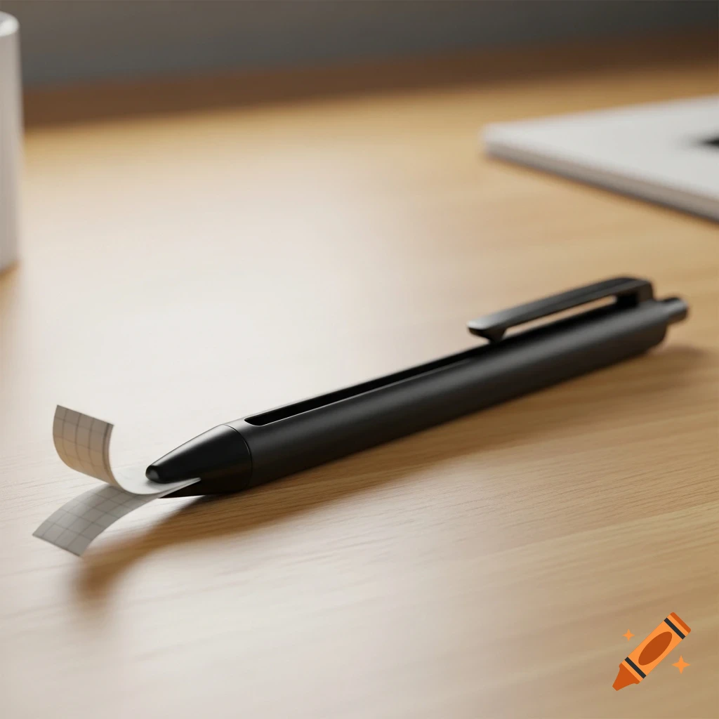 A sleek black pen with a rolled-up strip of grid paper emerging from a side slit, lying on a wooden desk, photorealistic.