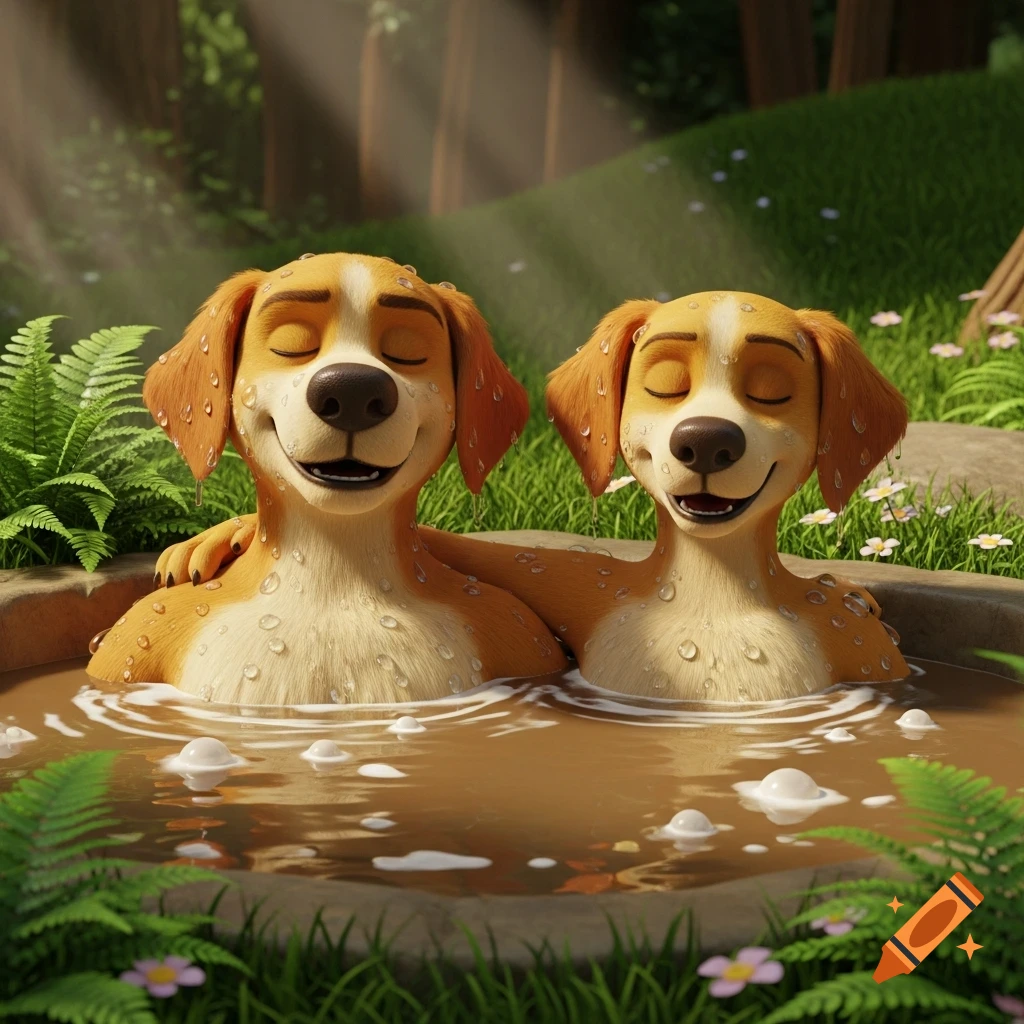 Two happy anthropomorphic retriever dogs relaxing chest deep in a mud hot tub in a sunny forest, 3D animation style.