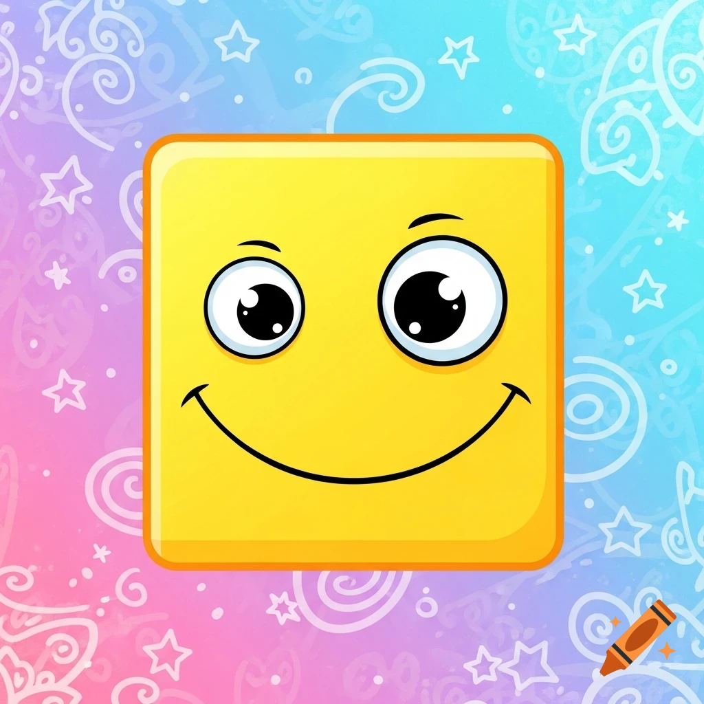 A friendly yellow square with big eyes and a wide smile, set against a vibrant pink and blue swirly background with white stars.