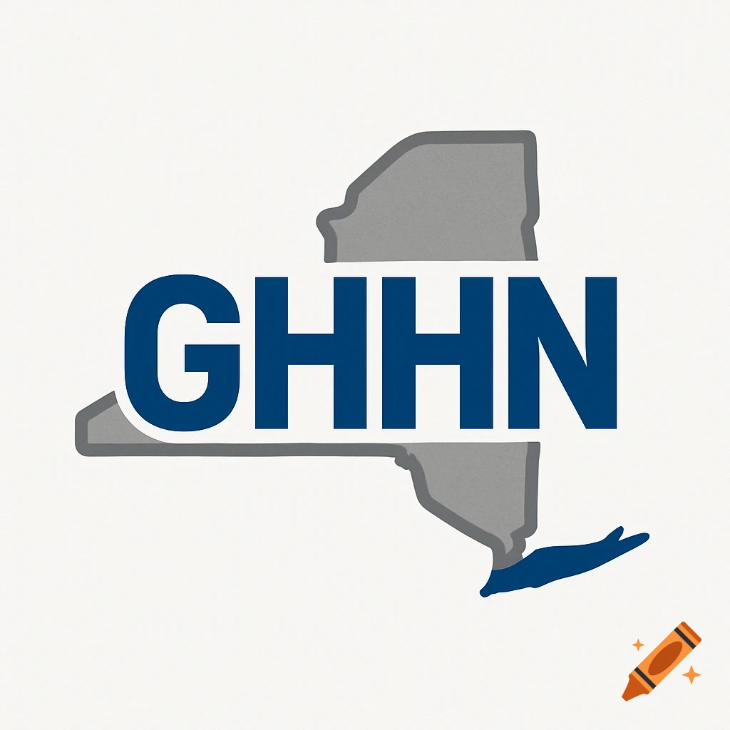 Logo with blue 'GHHN' text over a gray outline of New York State on a white background.