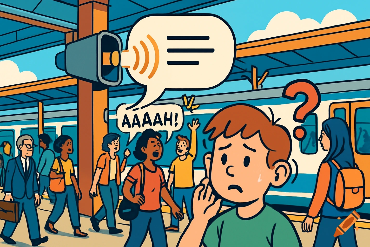 A colorful comic illustration of a confused child at a busy train station with a loudspeaker making an announcement.