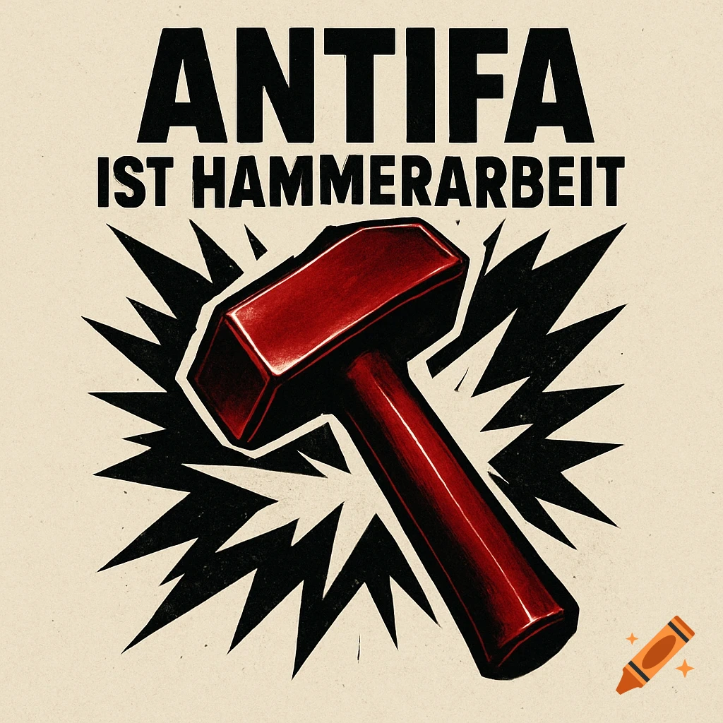 A red hammer with a black spiky burst effect behind it on an off-white background. Above the hammer, bold black text reads 'ANTIFA IST HAMMERARBEIT'.