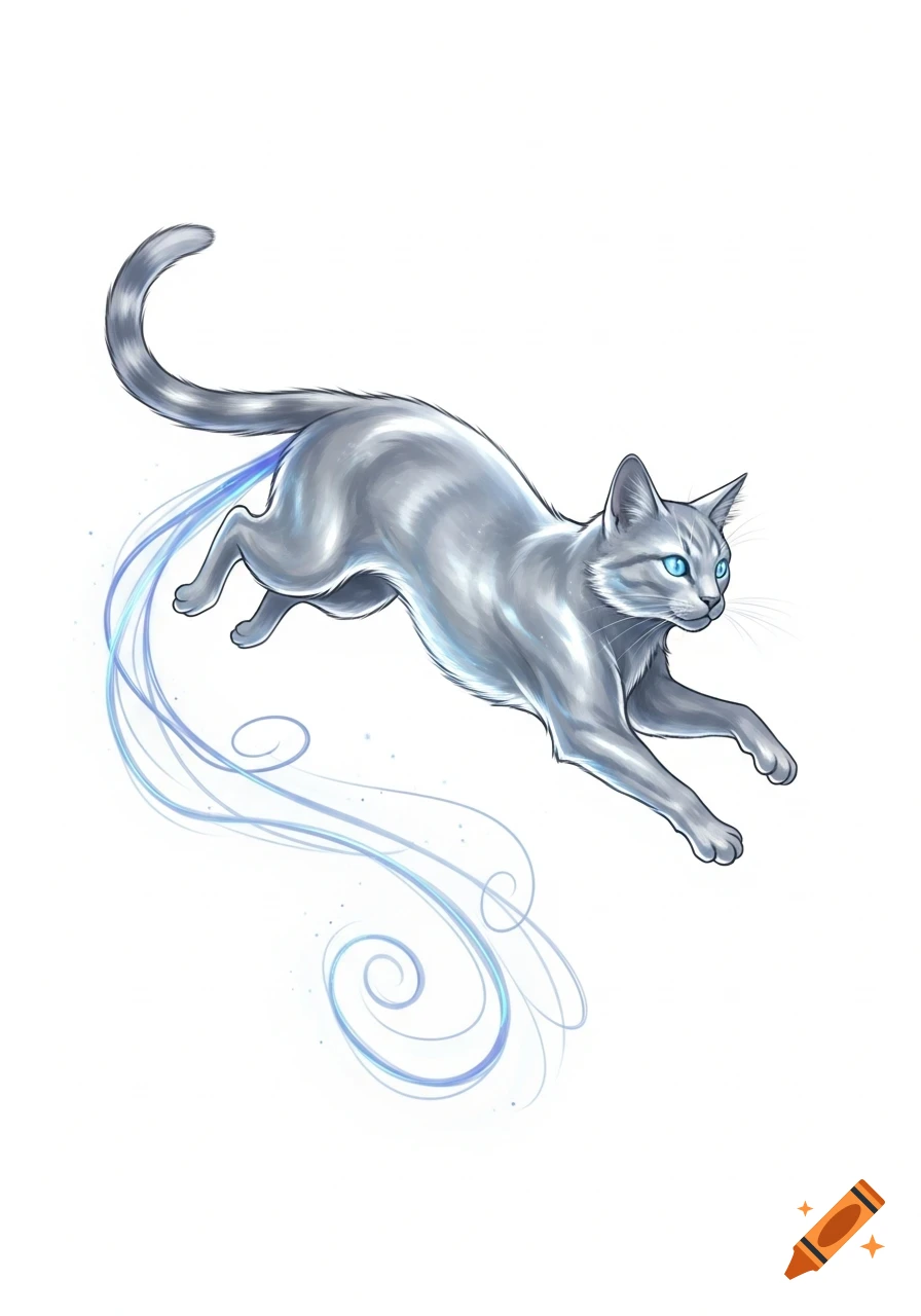An illustrated silver cat with glowing blue eyes and wispy blue energy trailing behind it, leaping on a white background.