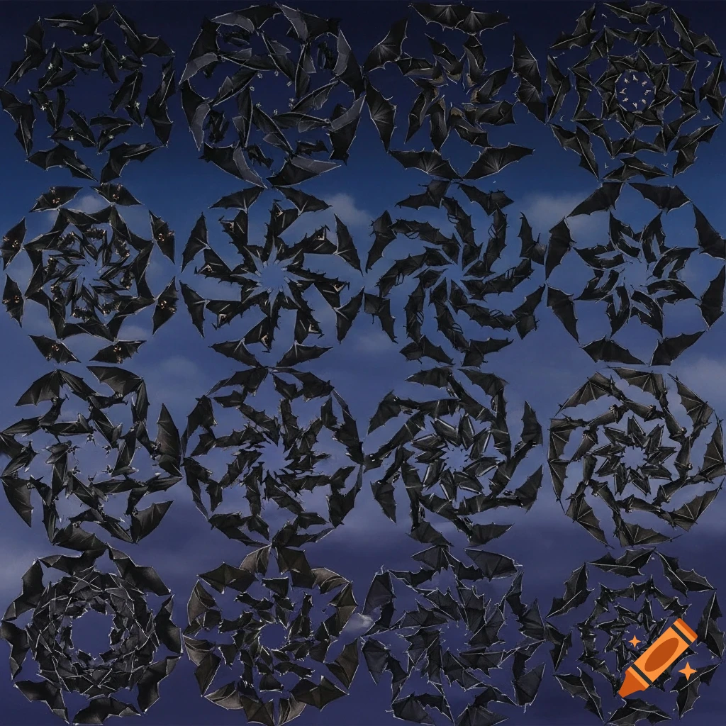 A symmetrical pattern of black bats swirling against a blue sky with clouds.