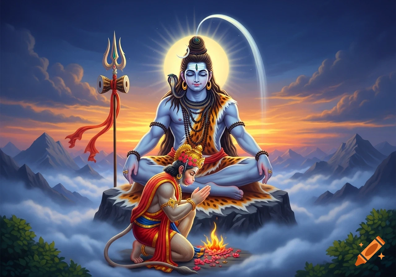Lord Shiva meditating on a mountain peak at sunset, with Hanuman kneeling in prayer below him amidst clouds. Digital art.