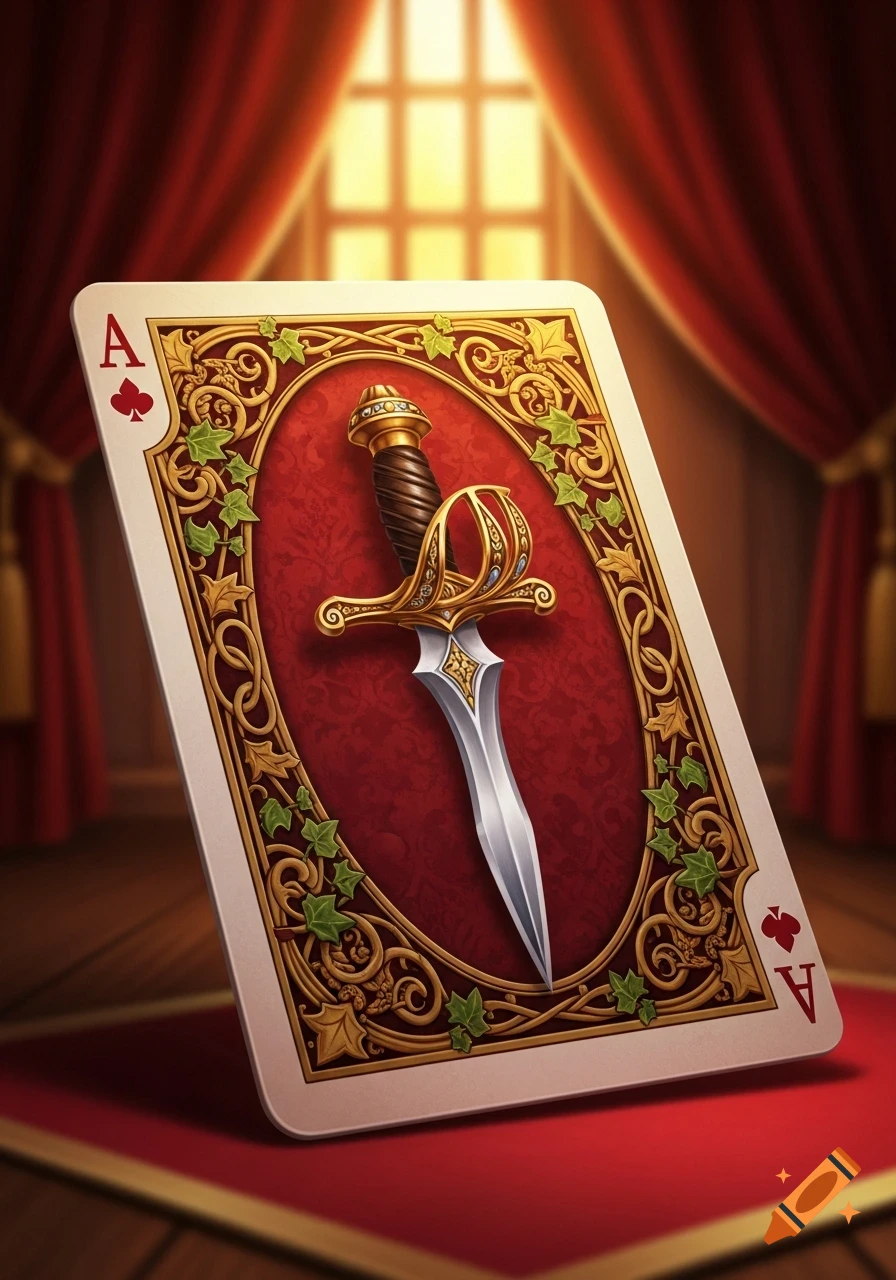 A stylized Ace of Clubs playing card featuring a gold-hilted dagger against a red ornate background, set in a room with red curtains.