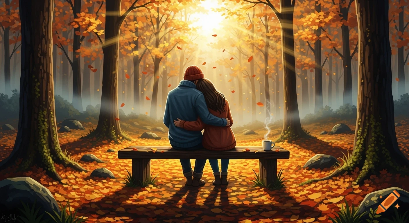 A couple sits on a wooden bench, embracing in a vibrant autumn forest ...