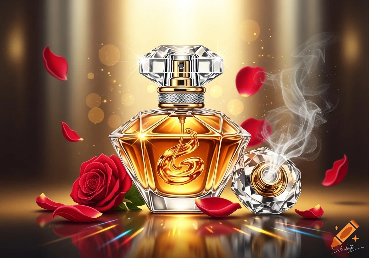 A luxurious diamond-shaped perfume bottle with golden liquid, surrounded by red rose petals, a red rose, and sparkling smoke.