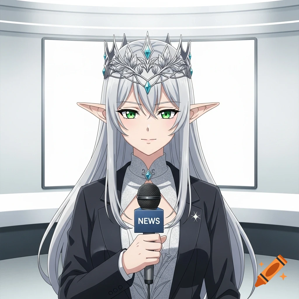 An anime elf queen with long silver hair and a crown, wearing a suit and holding a microphone in a news studio.
