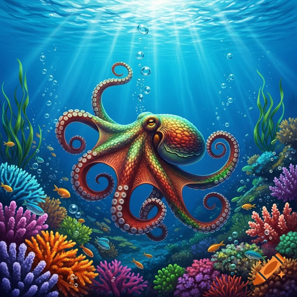 Colorful illustration of an octopus with patterned skin swimming among vibrant coral, small fish, and bubbles in clear blue ocean water with sun rays from above.