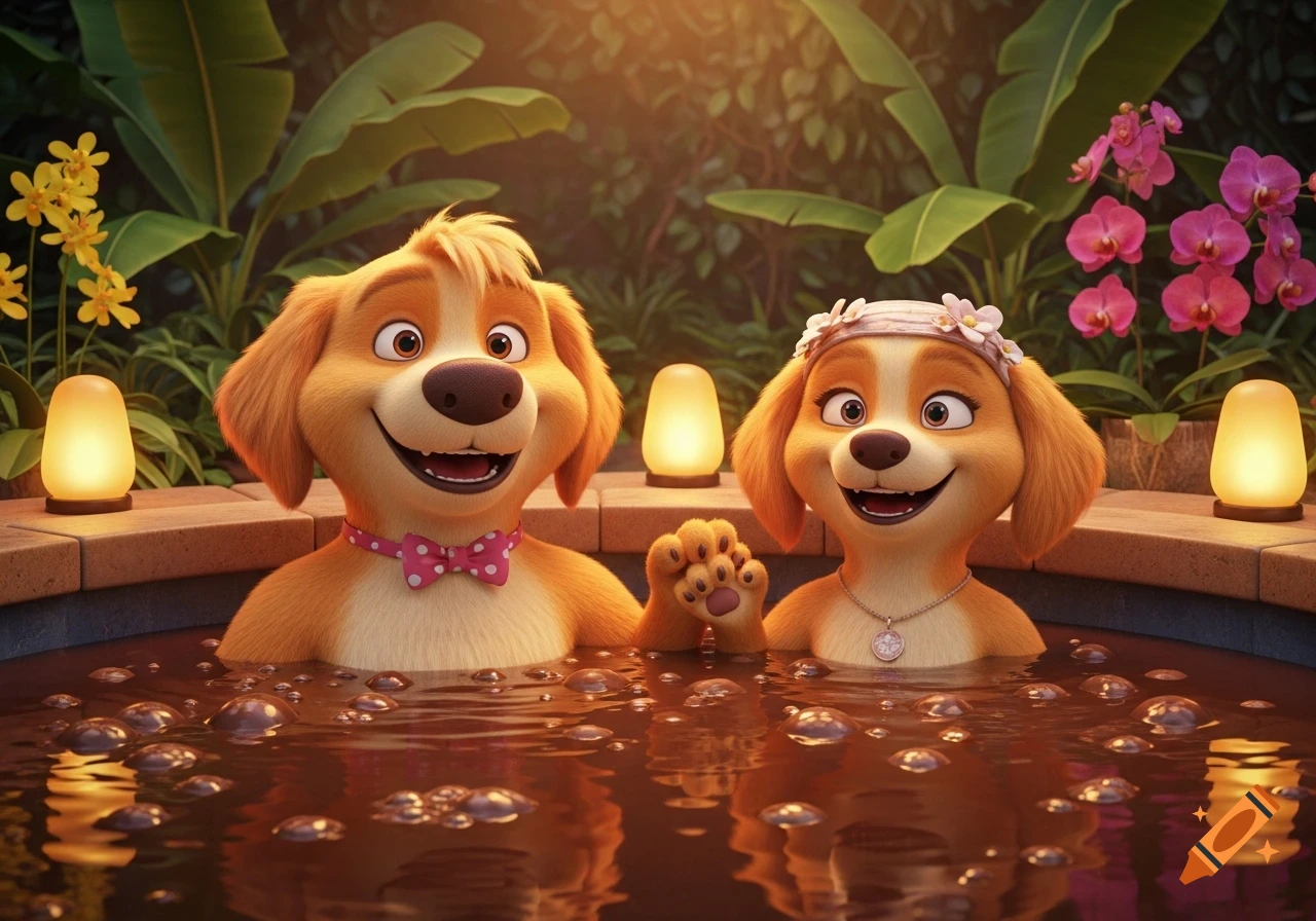 Two happy 3D animated retriever dogs, one with a pink bowtie and one with a flower crown, relaxing in a bubbly hot tub.