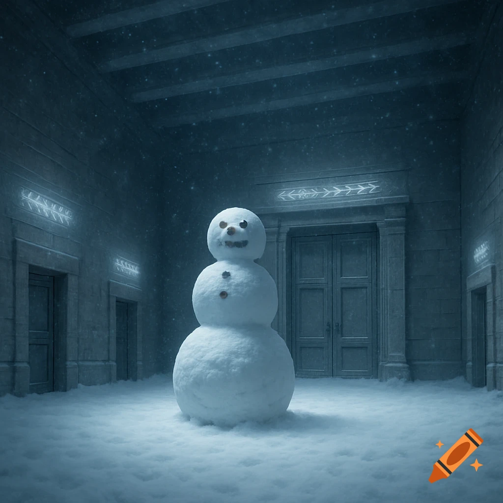 A three-tiered snowman stands in a large, ornate stone room covered in falling snow, with glowing patterns above the doors.