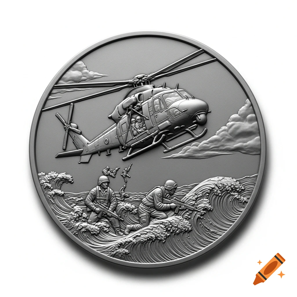 Grayscale 3D relief coin depicting a military helicopter flying over two soldiers in rough ocean waves.