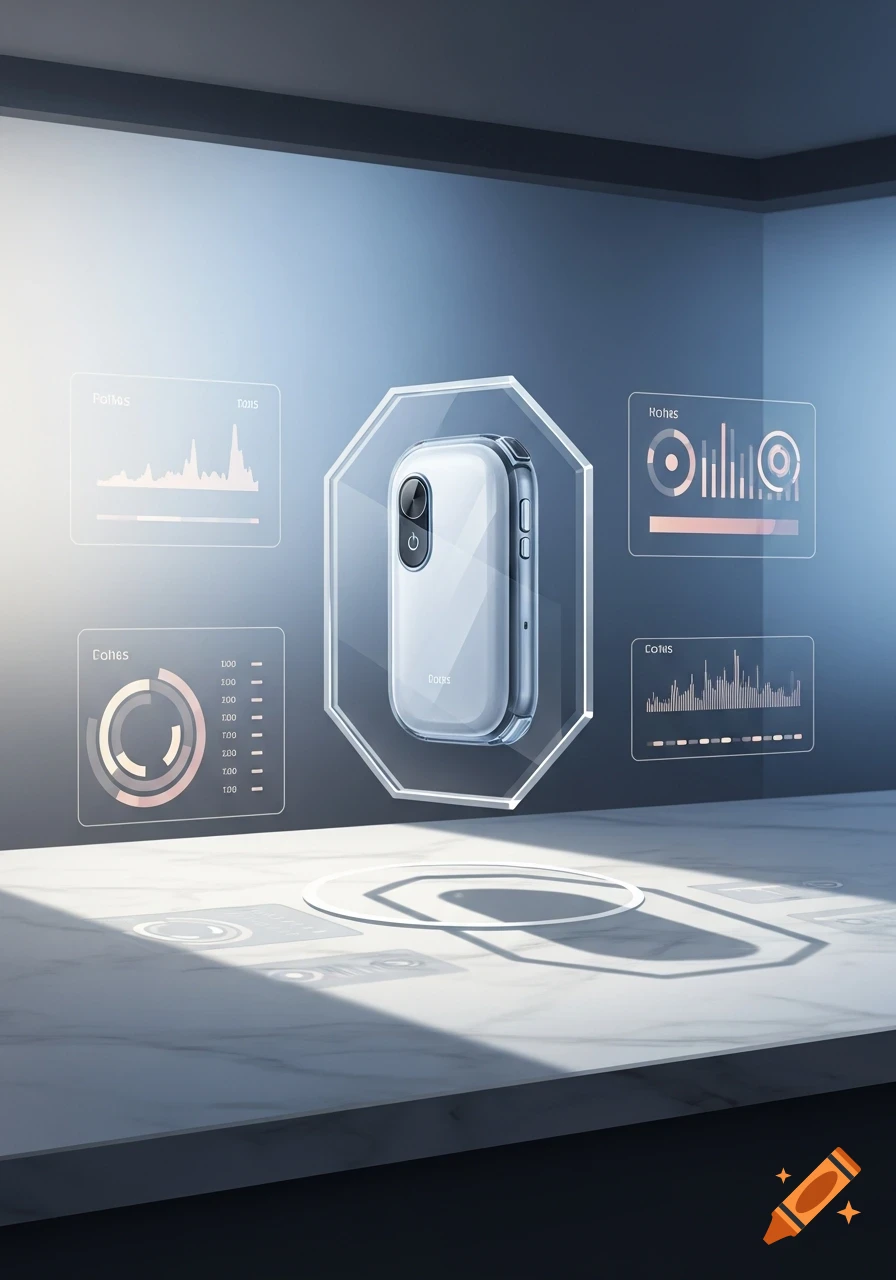 A futuristic white product with a black button in a hexagonal clear frame, surrounded by holographic data charts, on a glossy surface.