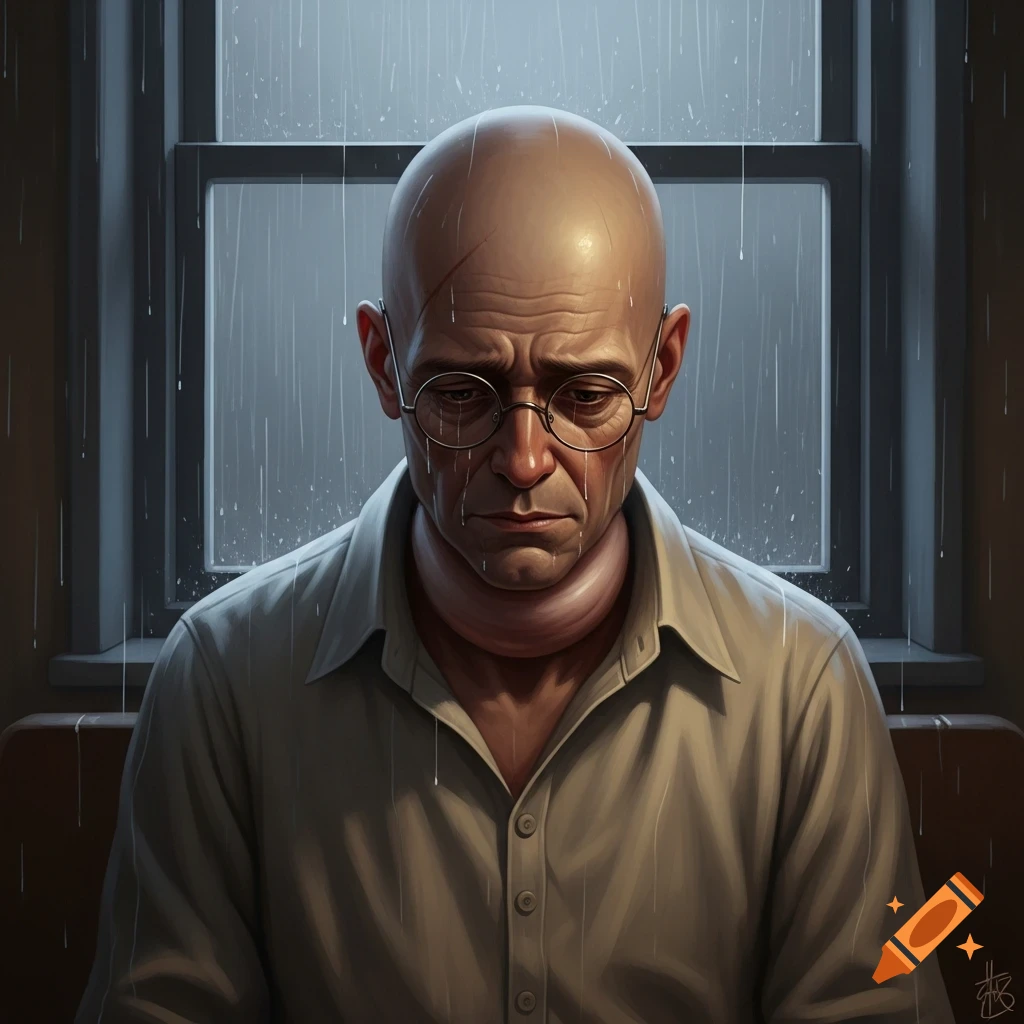 Digital art portrait of a sad bald man with glasses and a large neck lump, looking down in the rain by a window.