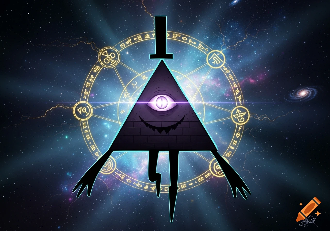 Bill Cipher, a triangular, one-eyed character with a top hat and jagged smile, against a cosmic background with glowing arcane symbols.