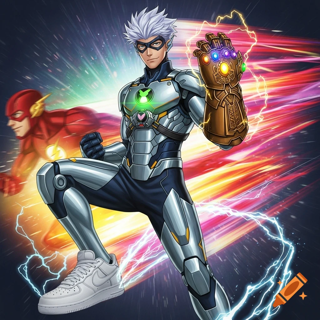 An anime-style superhero with white hair and a black mask, wearing a silver armored suit with an Omnitrix chest, an Infinity Gauntlet, and Nike Air Force 1 shoes. The Flash runs in the blurred background, all against a backdrop of speed lines and lightning.