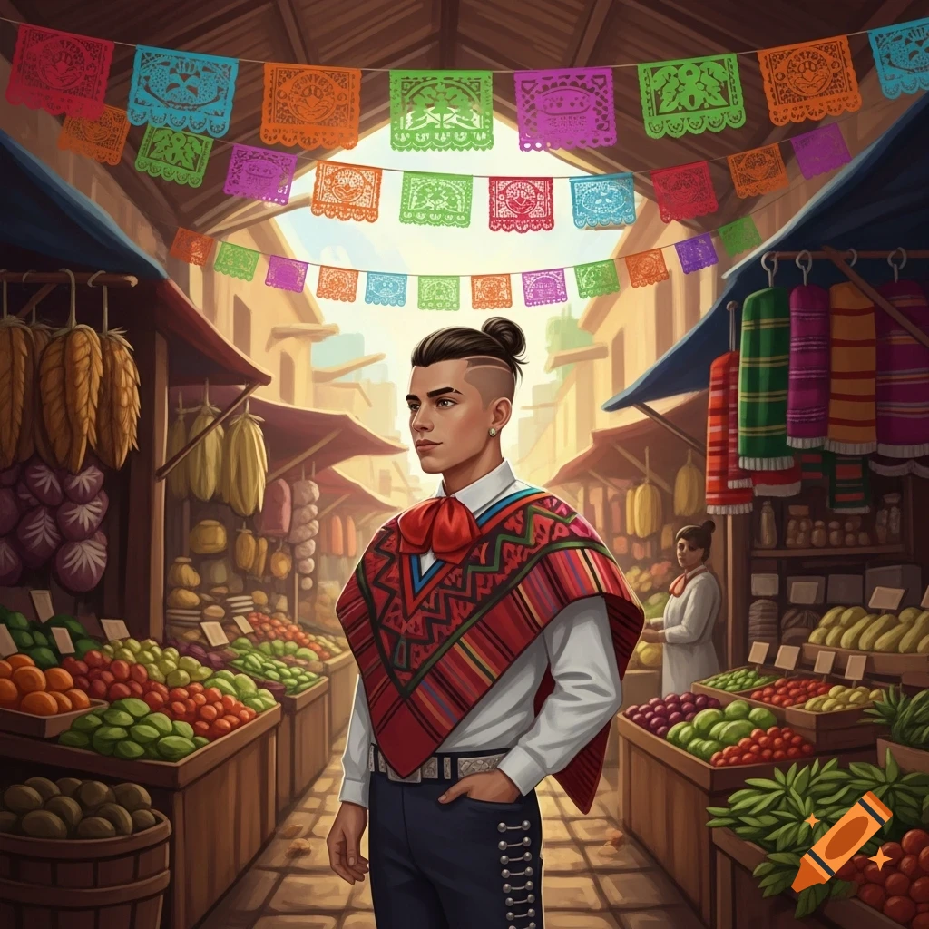 An illustration of a young Mexican man wearing a poncho and charro pants, standing in a vibrant market decorated with colorful papel picado.